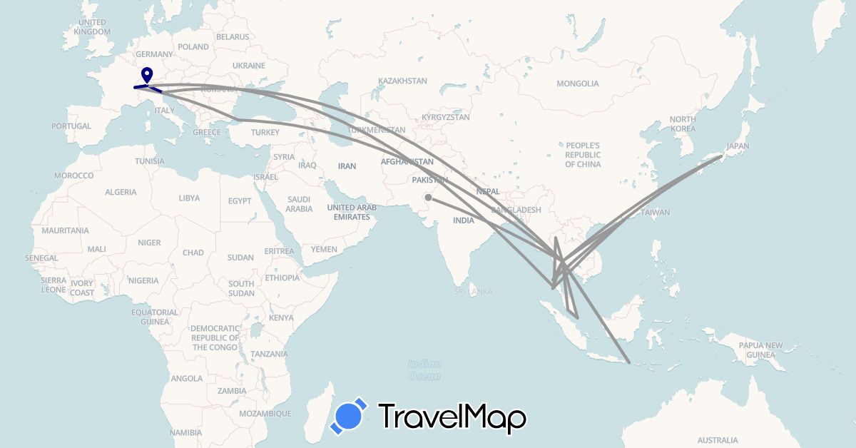 TravelMap itinerary: driving, plane in Switzerland, Hong Kong, Indonesia, India, Italy, Japan, Malaysia, Singapore, Thailand, Turkey (Asia, Europe)